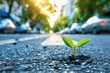 © Tohamina - Sprout growing out of road asphalt as nature resistance and endurance Urban city pollution with traffic and cars Green plant growth as symbol of better future and sustainable tomorrow