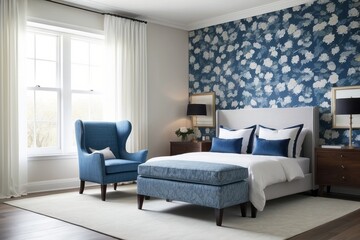 Wall Mural - Minimal Master Bedroom Design With Blue Floral Accent Chair