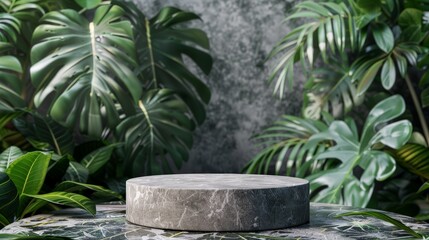 Wall Mural - In this mockup, a round gray stone podium is placed in front of a backdrop of tropical leaves, offering a pristine and natural platform to showcase beauty products.