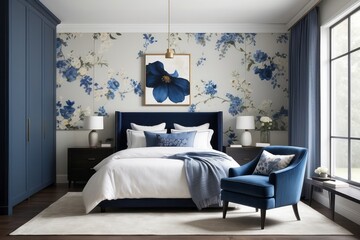 Wall Mural - Minimal Master Bedroom Design With Blue Floral Accent Chair