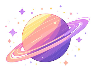 Abstract planet with colorful rings and stars, flat vector illustration isolated on white background.