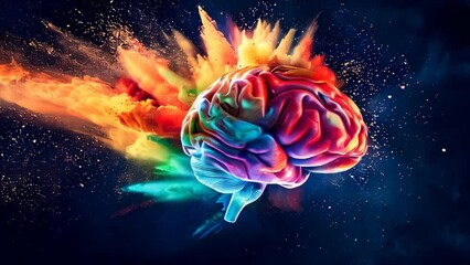 Wall Mural - A colorful human brain with exploding color dust against a dark background. Brilliant ideas concept.