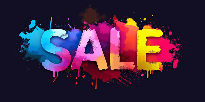 Sale concept banner design. Dynamic font against a background of bright colorful strokes. Advertising promotion horizontal layout. Digital artwork raster bitmap. AI artwork.