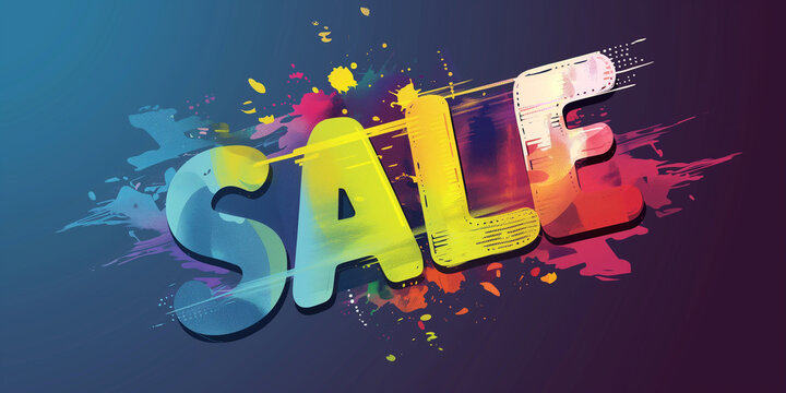 Sale concept banner design. Dynamic font against a background of bright colorful strokes. Advertising promotion horizontal layout. Digital artwork raster bitmap. AI artwork.