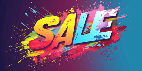 Sticker - Sale concept banner design. Dynamic font against a background of bright colorful strokes. Advertising promotion horizontal layout. Digital artwork raster bitmap. AI artwork.