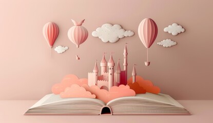 A book with open pages that form the shape of a fairy tale world, with hot air balloons and castles floating in it.