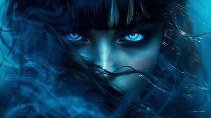 Wall Mural - Mystical blue-eyed woman with dark hair and enigmatic expression