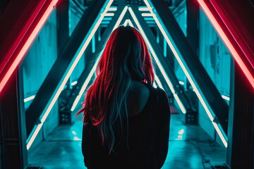 Wall Mural - Back view of a young adult standing in neon-lit corridor