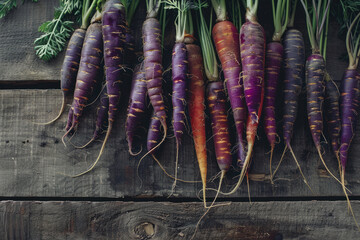 Wall Mural - purples color carrots on wooden background
