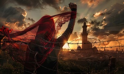 A woman in a red scarf and face covered with a mask holding up barbed wire, with a city background