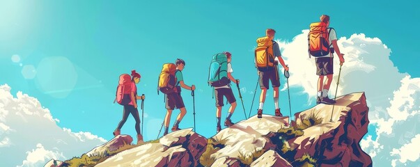 summer activities, A group of young people were hiking on the mountain in a vector illustration with a flat style Colorful cartoon characters with backpacks and walking sticks were climbing rocks in