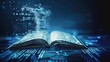 © SH Design - An open book with pages turning into digital data streams, representing the integration of technology and education in AI educational tools.