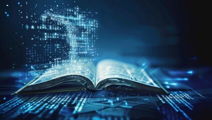 An open book with pages turning into digital data streams, representing the integration of technology and education in AI educational tools.