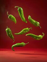 Wall Mural - green chili floating in the air on red background
