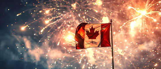 Canada flag on fireworks night sky