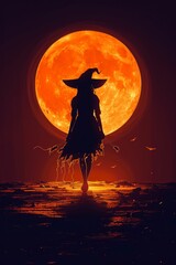 Wall Mural - silhouette of witch with full moon background. generative ai