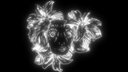 Sticker - white silhouette of a Spaniel dog in a flower head wreath in neon style