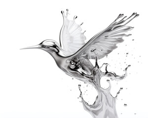 Silver liquid metal bird, splash  isolated on white background	
