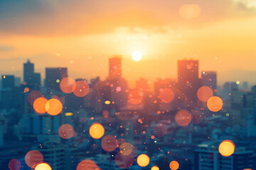 Summer sun blur golden hour hot sky at sunset with city rooftop view in the background fuzzy urban warm bright heat wave lights skyline heatwave bokeh for evening party 