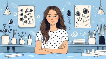 Illustration of a young female entrepreneur smiling in a creative workspace with plants and artwork.