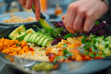 Wall Mural -  a person's hands preparing a colorful and nutritious Buddha bowl with quinoa, roasted vegetables, and avocado slices