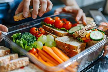 a person's hands packing a healthy lunchbox with homemade sandwiches, fresh fruits, and vegetables for a nutritious meal on the go