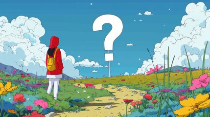 A person standing at the beginning of a path with a giant question mark looming overhead, set in a colorful, stylized landscape.