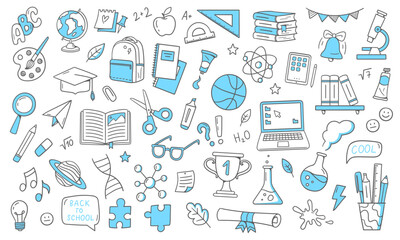 Back to school doodles. School supplies and educational elements. Hand-drawn vector illustrations isolated on a white background.