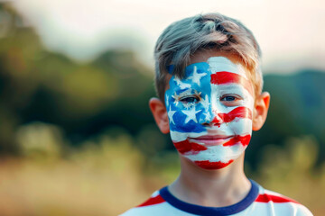 Wall Mural - American flag-inspired face paint on children's cheeks, Independence Day, bokeh Generative AI