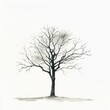 © kiyut - Watercolor painting of a solitary tree standing against a stark white background, rendered in shades of gray to emphasize its solitary beauty, Generative AI