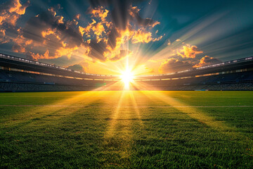 Wall Mural - Sunset Rays over an Empty Soccer Stadium Ready for Action 
