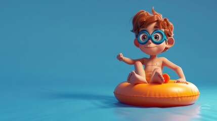 3D illustration of a cute boy sitting on an inflatable ring, wearing swimming goggles against a blue background.