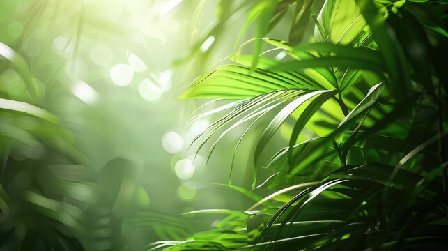 a fresh green background of tropical leaves with light filtering through, providing a serene area fo
