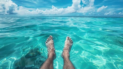 Canvas Print - Woman's feet floating in turquoise ocean water tropical island background.