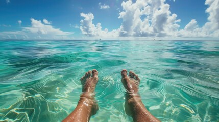 Wall Mural - Woman's feet floating in turquoise ocean water tropical island background.