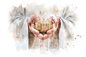Hands holding the sacred chalice on minimal white watercolor background.