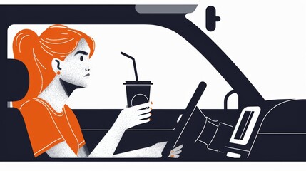 A stylized illustration of a young woman with orange hair drinking from a cup while driving a car.