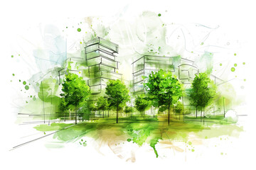 Sustainable development project sketch, green building and trees Urban planning, green space, and environmental sustainability, with energy efficiency and reduced carbon footprint 