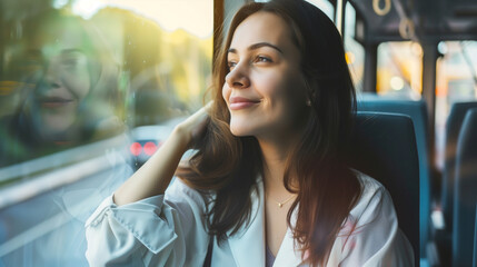 Wall Mural - Happy beautiful woman sitting in bus, sitting on window seat