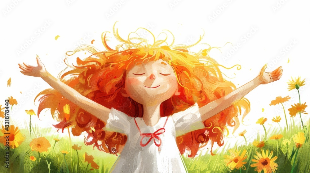 Illustration of a young woman with flowing red hair in a white dress ...