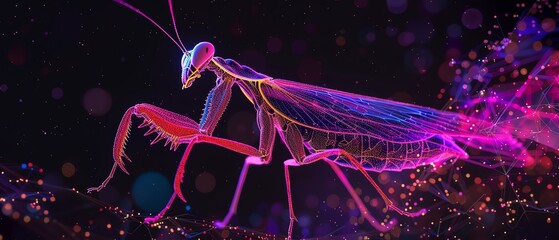 Digital illustration of a neon-colored praying mantis with vibrant, glowing hues on a dark background. Futuristic insect art concept.