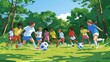 © neatlynatly - Happy teenagers playing soccer outdoors in a lush green park during daytime, illustrated in vibrant colors.