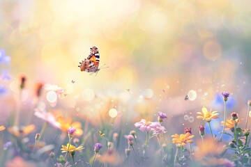 Wall Mural - a butterfly flying over a flower field