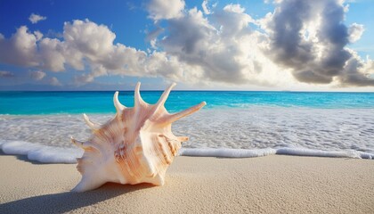 Wall Mural - voyage dans les iles avec un grois coquillage sur une plage paradisiaque en ia