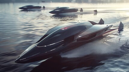 Wall Mural - a futuristic rowing race with high-tech boats, neon lights, and ai enhancements in a sci-fi setting.