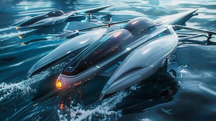 Wall Mural - a futuristic rowing competition with high-tech boats in a sci-fi setting showcases advanced tech and