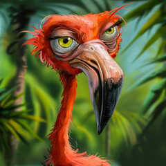 Wall Mural - Cartoon Caricature of a Flamingo.  Generated Image.  A digital illustration of a cartoon caricature of a flamingo in the wild. 