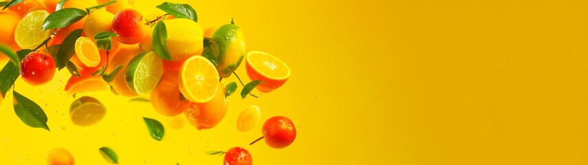Wall Mural - Food photography - Summer fruits background banner panorama - Close up of falling ripe citrus fruits, lemons, limes and oranges with water splashes and water drops, isolated on yellow background.
