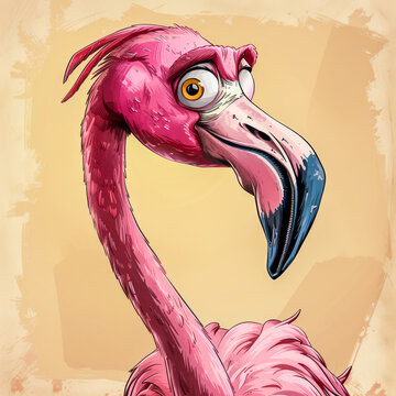 Cartoon Caricature of a Flamingo.  Generated Image.  A digital illustration of a cartoon caricature of a flamingo in the wild.  