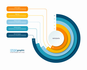 Wall Mural - Infographic semi circle layered concentric template with 5 steps, options. Process chart, cycle diagram, vector banner for presentation, report, brochure, web, data visualization.